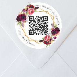 Burgundy florals Gold geometrische QR-Code Hochzei Runder Aufkleber