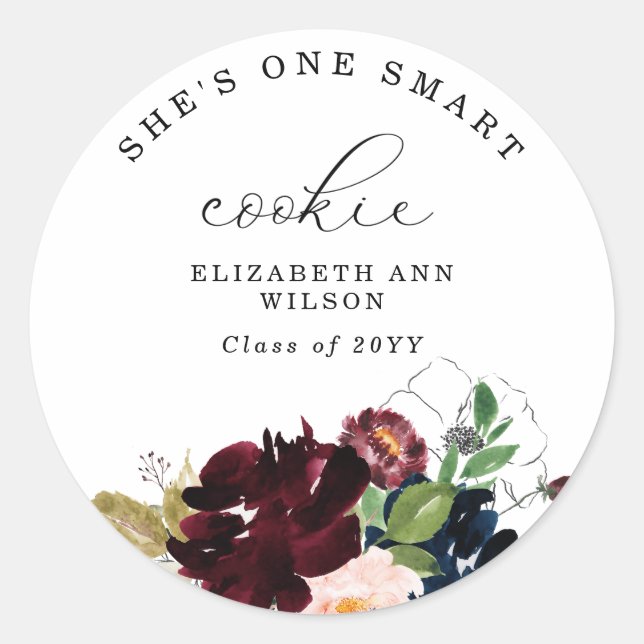 Burgundy Florals One Smart Cookie Abschluss Runder Aufkleber (Vorderseite)