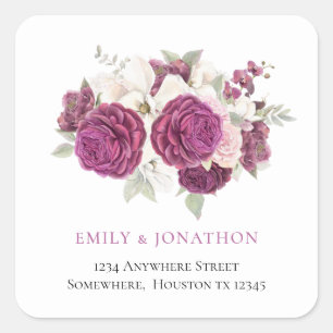 Burgundy Florals Rücksendeadresse Hochzeit Quadratischer Aufkleber