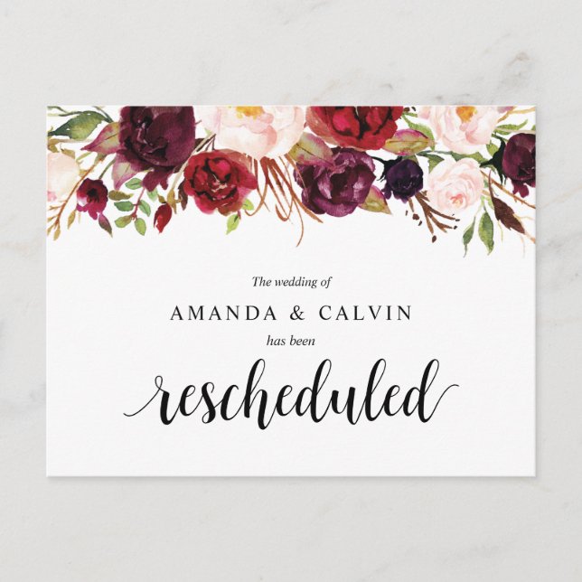 Burgundy Florals Wedding Elopement Rescheduled Postkarte (Vorderseite)