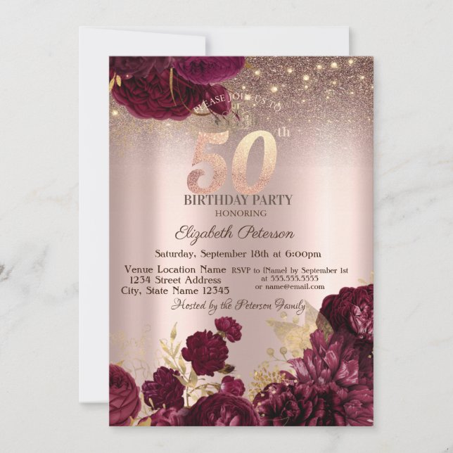  Burgundy Flowers Glitter Rose Gold 50thBirthday   Einladung (Vorderseite)