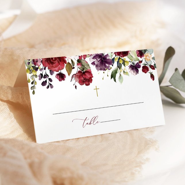 Burgundy Flowers, Pink Flowers, Floral Baptism Platzkarte (Von Creator hochgeladen)