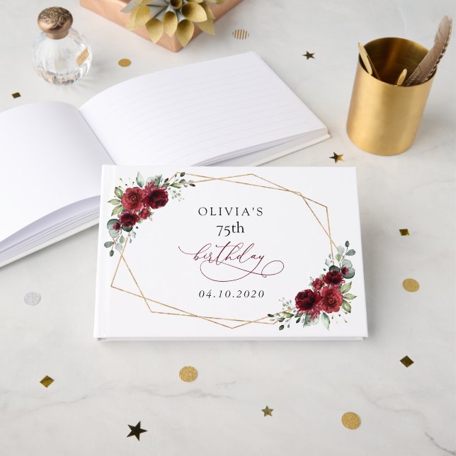 Burgundy Flowers, Red Flowers, Boho, Birthday Gästebuch (Vorderseite Offen)