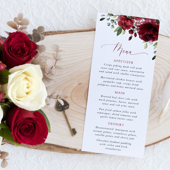 Burgundy Flowers, Red Flowers, Floral Wedding Menu Menükarte (Von Creator hochgeladen)