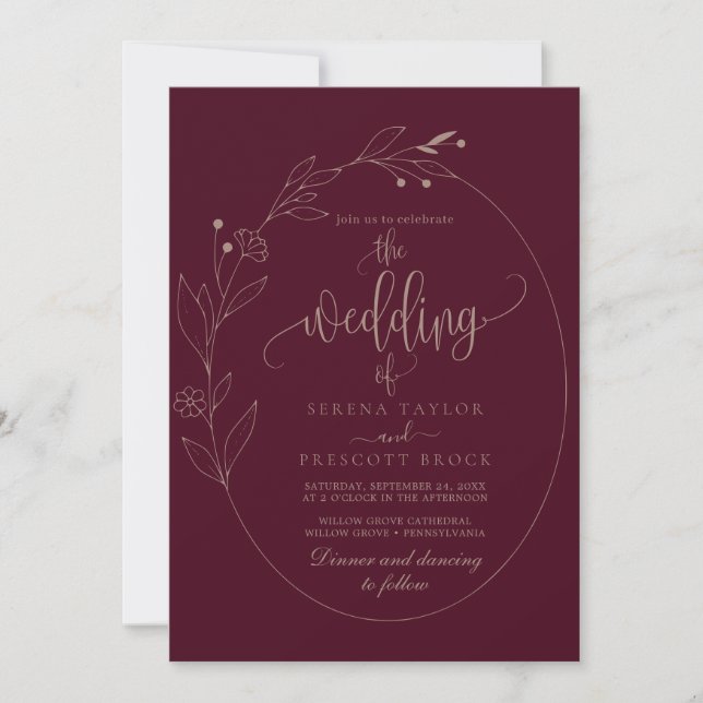 Burgundy Foliage Calligraphy All in one Wedding Einladung (Vorderseite)
