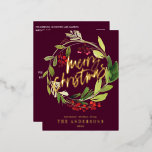 Burgundy Foliage elegant, nicht im Foto Weihnachte Folien Feiertagspostkarte<br><div class="desc">Frohe Weihnachten Aquarell floral Burgundy Holiday Folie Karte. Schönes Aquarell mit bemaltem Blattwerk und modernem Skripttext. Teil einer Sammlung.</div>