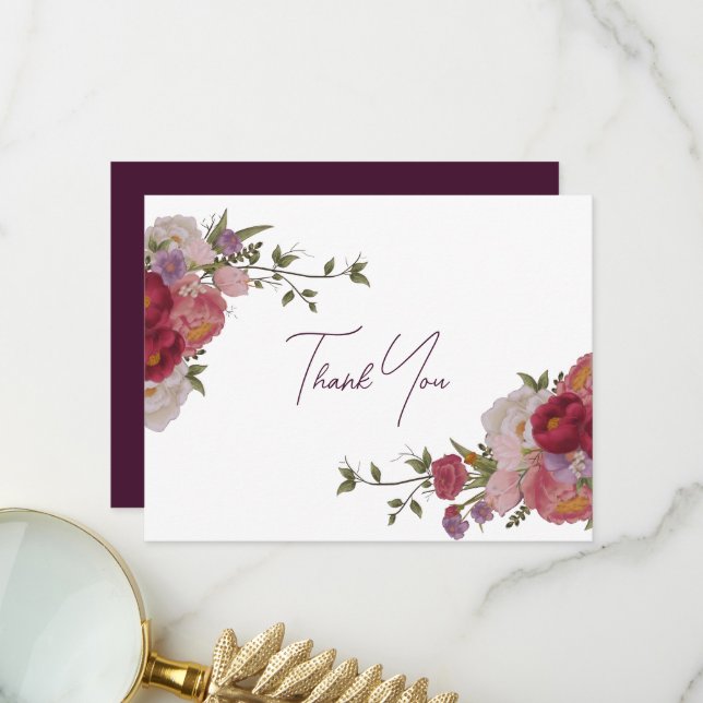 Burgundy Forest Floral Wedding Danke Karte (Vorderseite/Rückseite Beispiel)
