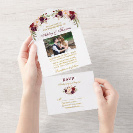 Burgundy Foto Gold Wedding All In One Einladung