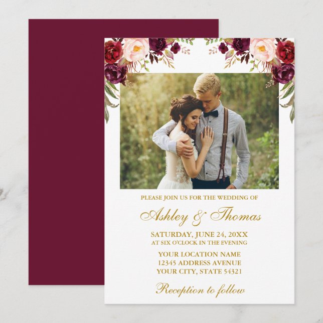 Burgundy Foto Gold Wedding Einladung (Vorne/Hinten)