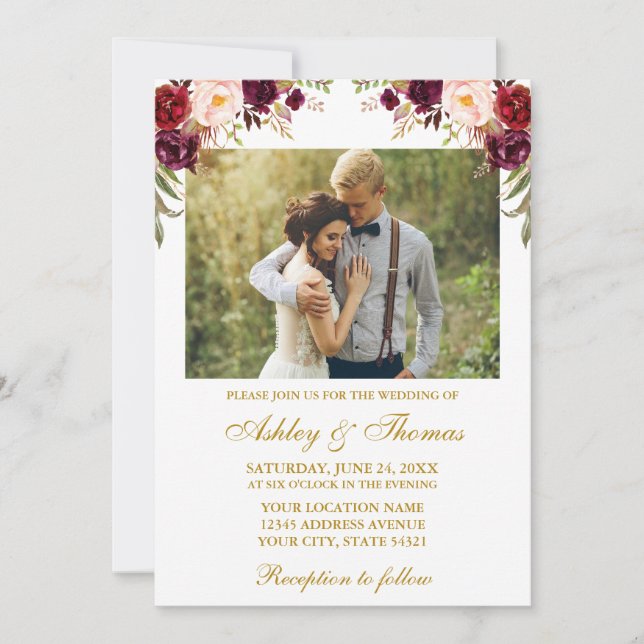 Burgundy Foto Hochzeit Gold Einladung (Vorderseite)