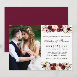 Burgundy-Foto-Hochzeit im Wasserfarben Einladung