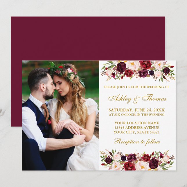 Burgundy Foto Hochzeit mit Wasser-Farbe Einladung (Vorne/Hinten)