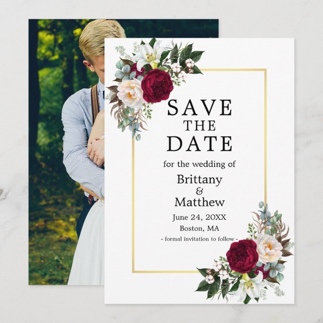 Burgundy-Foto mit weißer Blüte Save The Date (Vorne/Hinten)