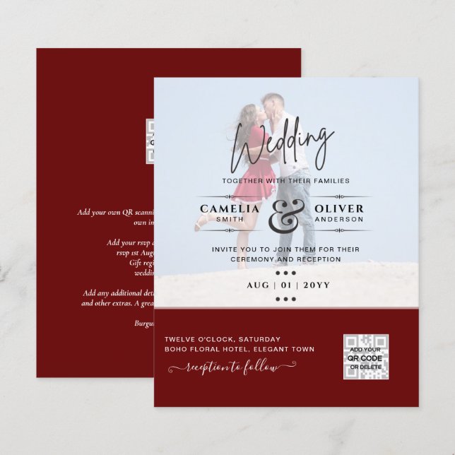 Burgundy Foto Wedding Invite QR Code Rett Datum (Vorne/Hinten)