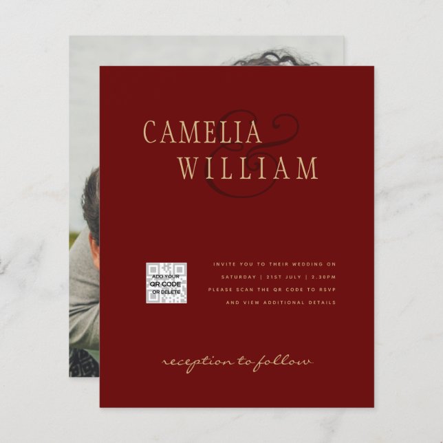 Burgundy Foto Wedding Invite QR Code Rett Datum (Vorne/Hinten)