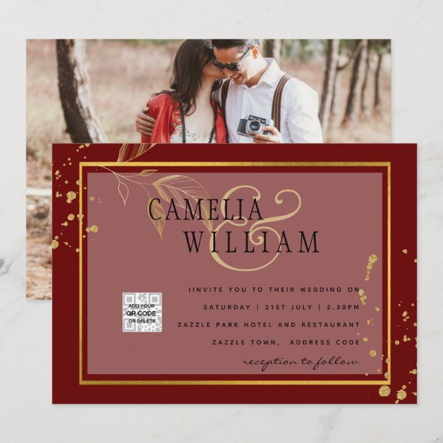 Burgundy FOTO Wedding Invite QR Code Rett Datum Einladung (Vorne/Hinten)