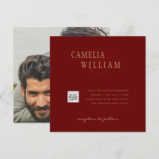 Burgundy Foto Wedding Invite QR Code Rett Datum Einladung (Vorne/Hinten)