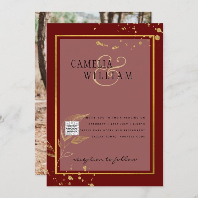 Burgundy FOTO Wedding Invite QR Code Rett Datum Einladung (Vorne/Hinten)