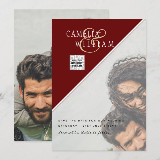 Burgundy Foto Wedding Invite Rett Date QR Code Einladung (Vorne/Hinten)
