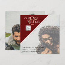 Burgundy Foto Wedding Invite Rett Date QR Code