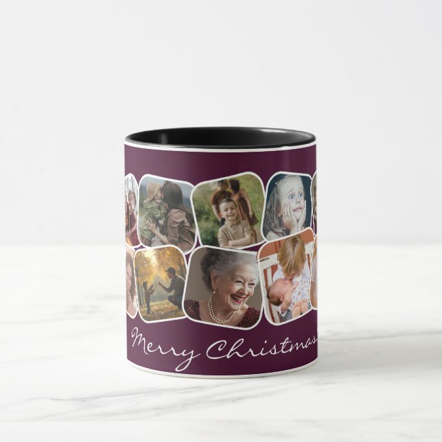 Burgundy Frohe Weihnachten 10 Foto Collage Tasse (Zentrum)