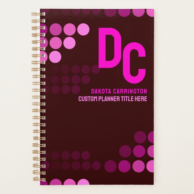 Burgundy Funky Pink Dots Monogram Planer (Vorderseite)