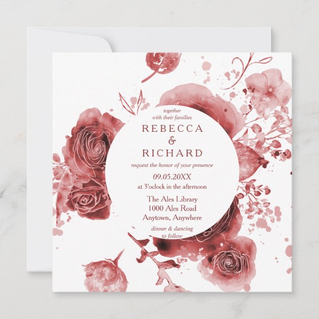 Burgundy Garden Watercolor Wedding Einladung (Vorderseite)