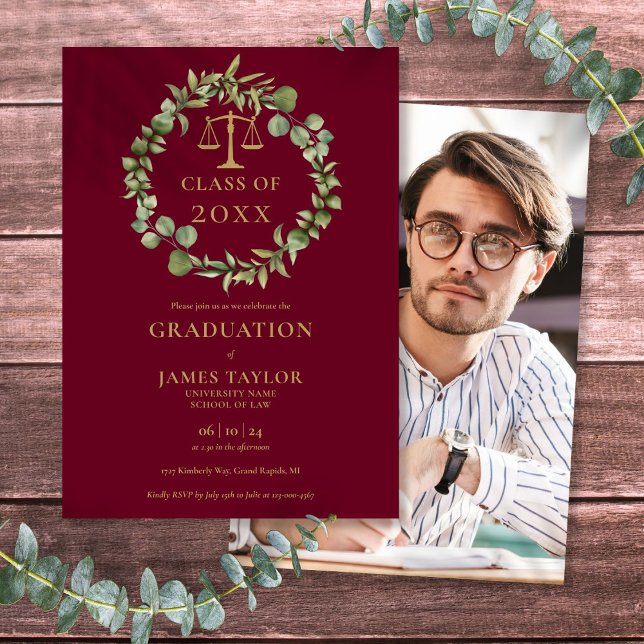 Burgundy Garland Foto Law School Abschluss Einladung (Burgundy Garland Photo Law School Graduation Invitation)