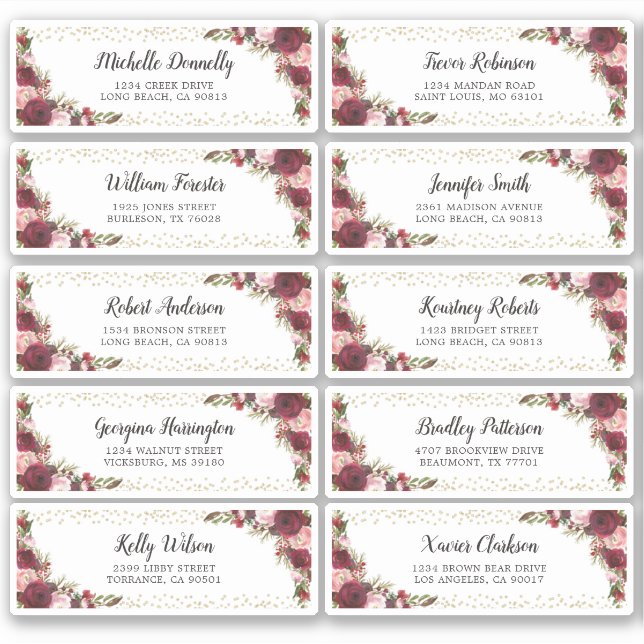 Burgundy Gäste Name und Anschrift Hochzeitslabel Aufkleber (Vorderseite)