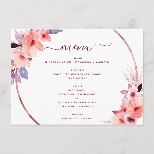 Burgundy Geometric Blume Bloral Wedding Menükarte (Vorderseite)