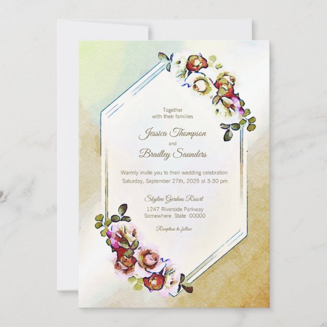 Burgundy Geometric Floral Watercolor Wedding Einladung (Vorderseite)