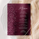 Burgundy Glam Glitzer Script Wedding Menükarte<br><div class="desc">Dieses elegante,  moderne Hochzeitsmenü besticht durch einen Diamant-Glitzer-Rahmen in Imitaten auf bordeauxroten Imitaten mit Metallrahmen. Der benutzerdefinierbare Text kombiniert weiße Handschriftenschrift und serifenlose Schriftart. Das bordeauxrot gebürstete Metall und der Glitzer-Design werden auf der Rückseite wiederholt.</div>
