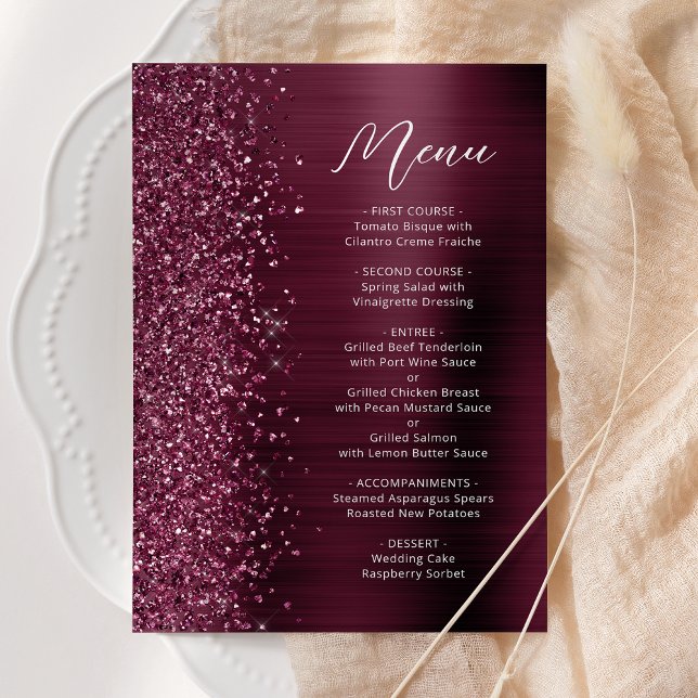 Burgundy Glam Glitzer Script Wedding Menükarte (Von Creator hochgeladen)