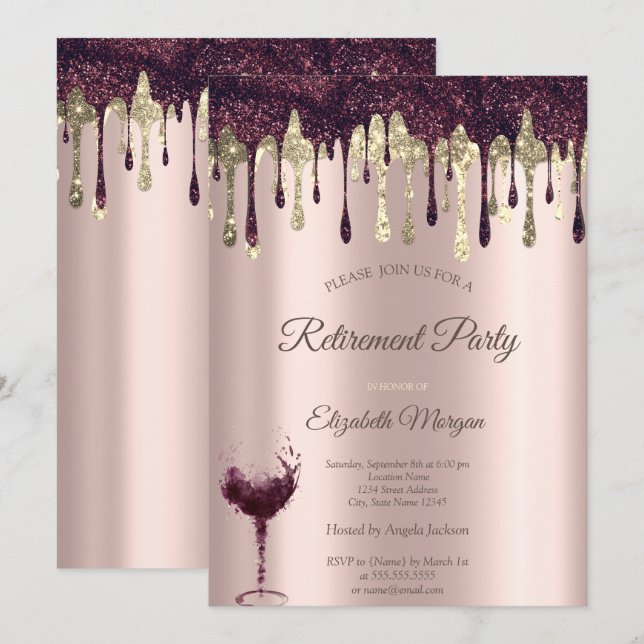 Burgundy Glitter Drips Glass Rose Gold Rentierung Einladung (Vorne/Hinten)