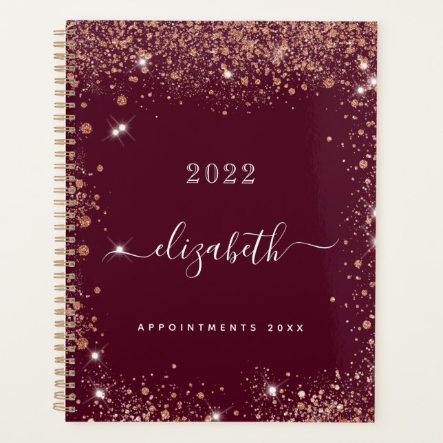 Burgundy glitter dust name script 2023 planer (Vorderseite)