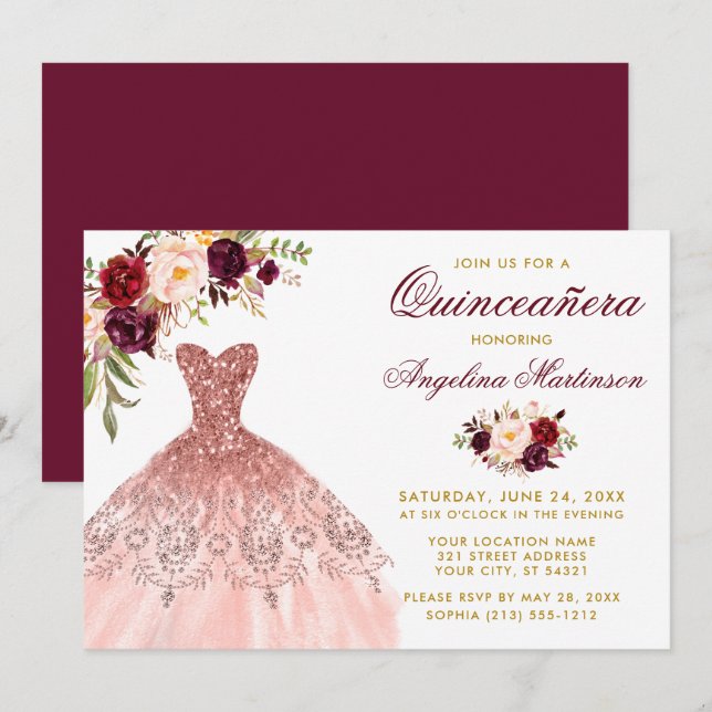 Burgundy Glitzer Dress Gold Quinceanera Einladung (Vorne/Hinten)