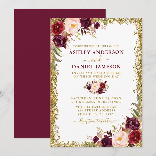 Burgundy-Glitzer-Hochzeit im Wasserfarben Einladung (Vorne/Hinten)