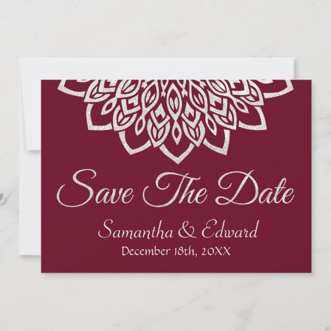 Burgundy Glitzer Silver Elegante Save the Date Kar (Vorderseite)
