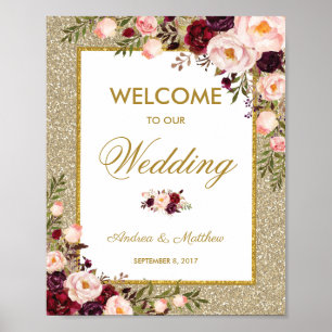 Burgundy Glitzer Wedding Welcome Poster
