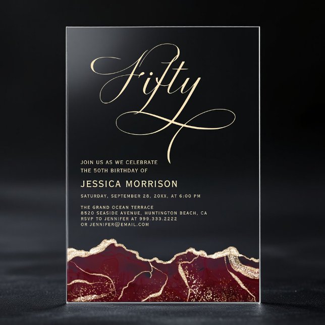 Burgundy Gold Agate 50. Geburtstagsparty Acryleinladungen (Von Creator hochgeladen)