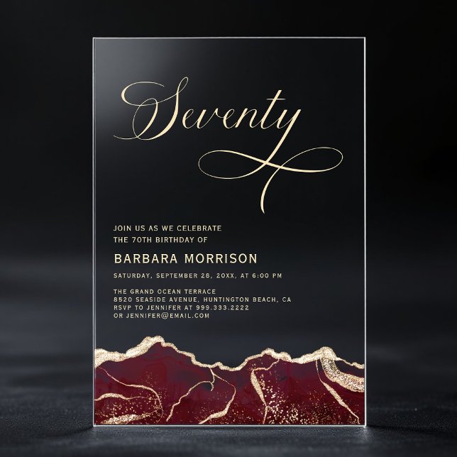 Burgundy Gold Agate 70. Geburtstagsparty Acryleinladungen (Von Creator hochgeladen)