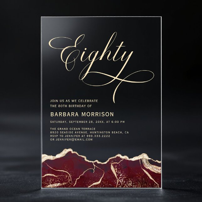 Burgundy Gold Agate 80. Geburtstagsparty Acryleinladungen (Von Creator hochgeladen)