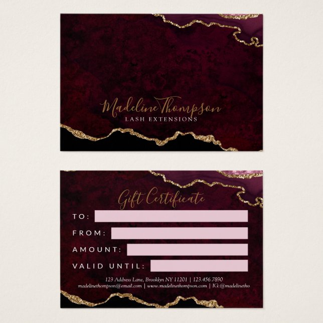 Burgundy Gold Agate Business Geschenkgutschein (Vorne & Hinten)