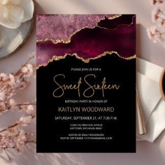 Burgundy Gold Agate Dark Sweet 16 Geburtstagsparty Einladung