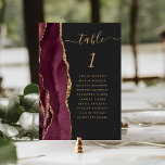 Burgundy Gold Agate Dark Wedding Tischnummer<br><div class="desc">Der links Rand dieser eleganten,  modernen Hochzeitskarte mit einer bordeauxroten Aquarellgrenze,  die mit Imitaten mit goldenem Glitzer bestickt wurde. Das Wort "Tabelle" erscheint in goldfarbenem Schriftskript auf schwarzem Hintergrund. Fügen Sie die Namen Ihrer Gäste hinzu,  die jeder Tabelle zugeordnet sind.</div>