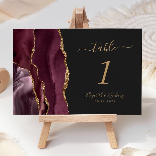 Burgundy Gold Agate Dark Wedding Tischnummer (Von Creator hochgeladen)