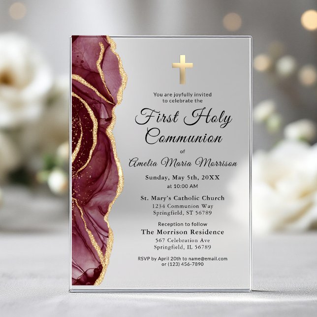 Burgundy Gold Agate First Holy Communion Girl Acryleinladungen (Von Creator hochgeladen)