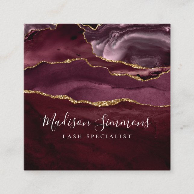 Burgundy Gold Agate Geode Monogram Elegantes Skrip Quadratische Visitenkarte (Vorderseite)