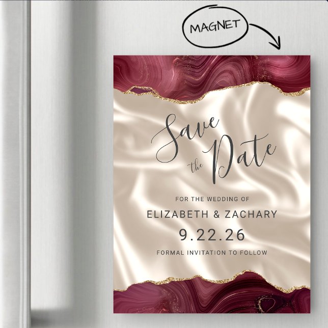 Burgundy Gold Agate Ivory Silk Save the Date Magneteinladung (Von Creator hochgeladen)