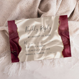 Burgundy Gold Agate Ivory Silk Wedding RSVP Karte